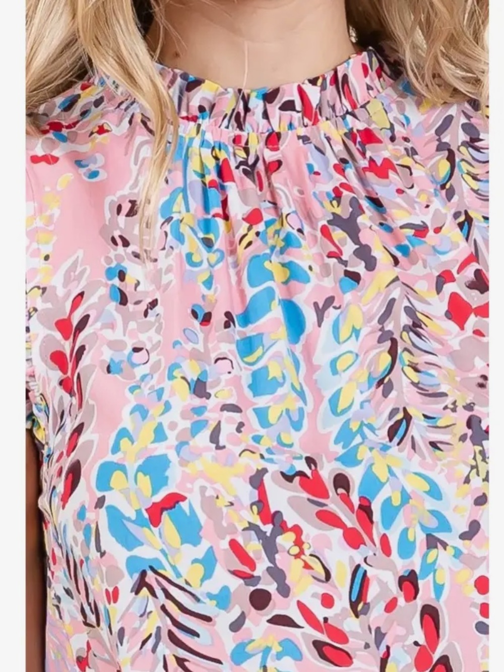 Sleeveless Pink Printed Ruffle-Neck Top - Picture 4 of 5